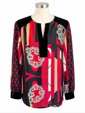 Chico's Colorful Asian Print Velvet Trim Popover V-Neck Top Sz 3 (XL) Career